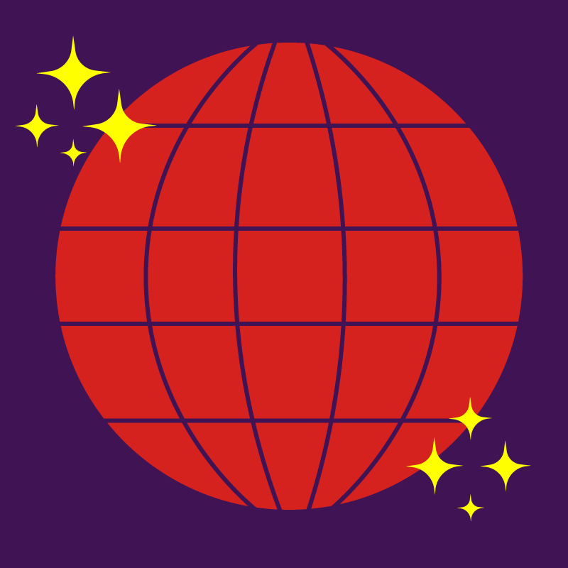 Punainen, punaisen pyöreän nenän muotoinen discopallo sekä pieniä keltaisia tähtiä.