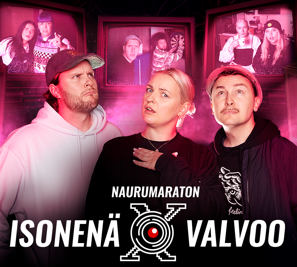 Kuvassa YleX:n juontajat Jere Pehkonen, Jenni Poikelus ja Mika Parikka. Kuvassa teksti: Naurumaraton isonenä valvoo.